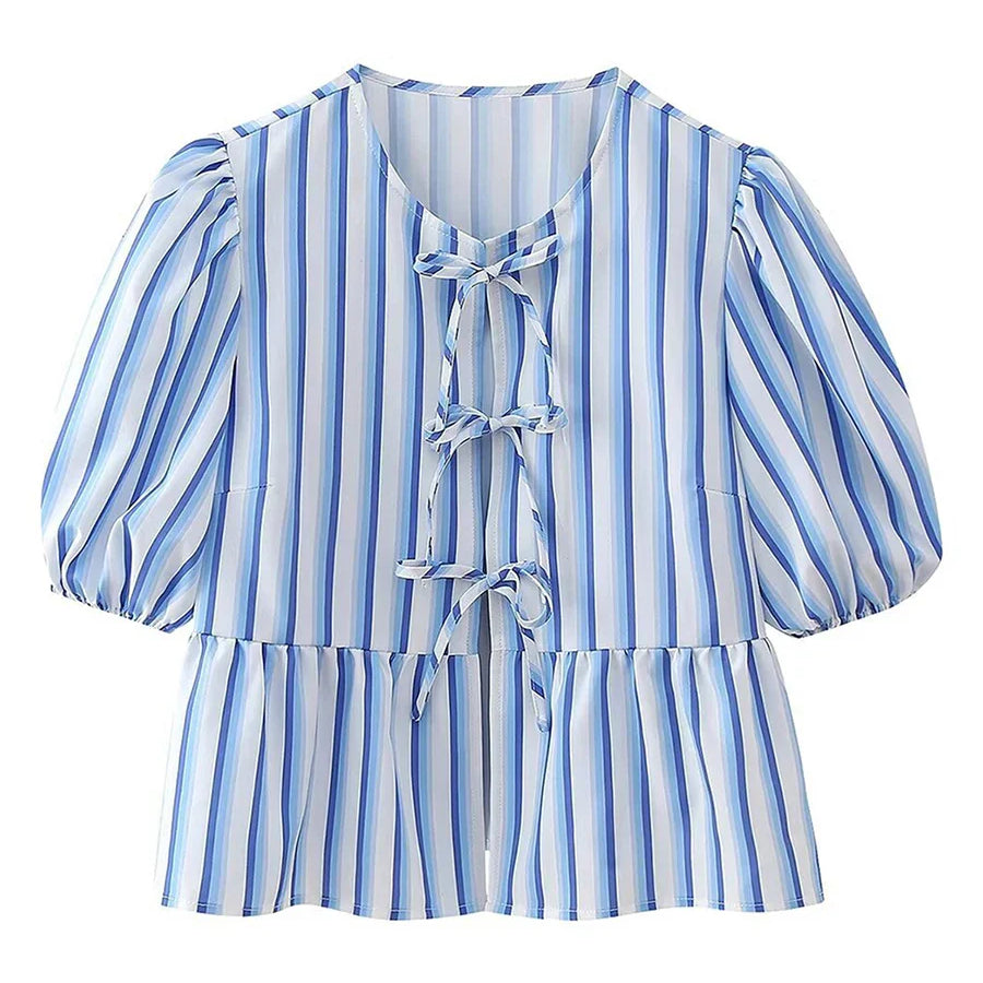 wsevypo Chic Summer Babydoll Shirts Solid/Stripe Short Women's Puff Sleeve Round Neck Tie-Up Front Peplum Blouses Top for Street L