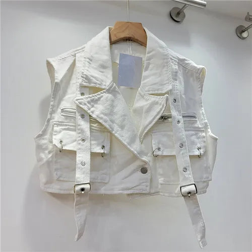 Retro Pink Large Pocket Denim Suit Spring Summer Sleeveless Short Vest High Waist Hip Wrapped Skirt 2 Pieces Sets Women Outfits White vest