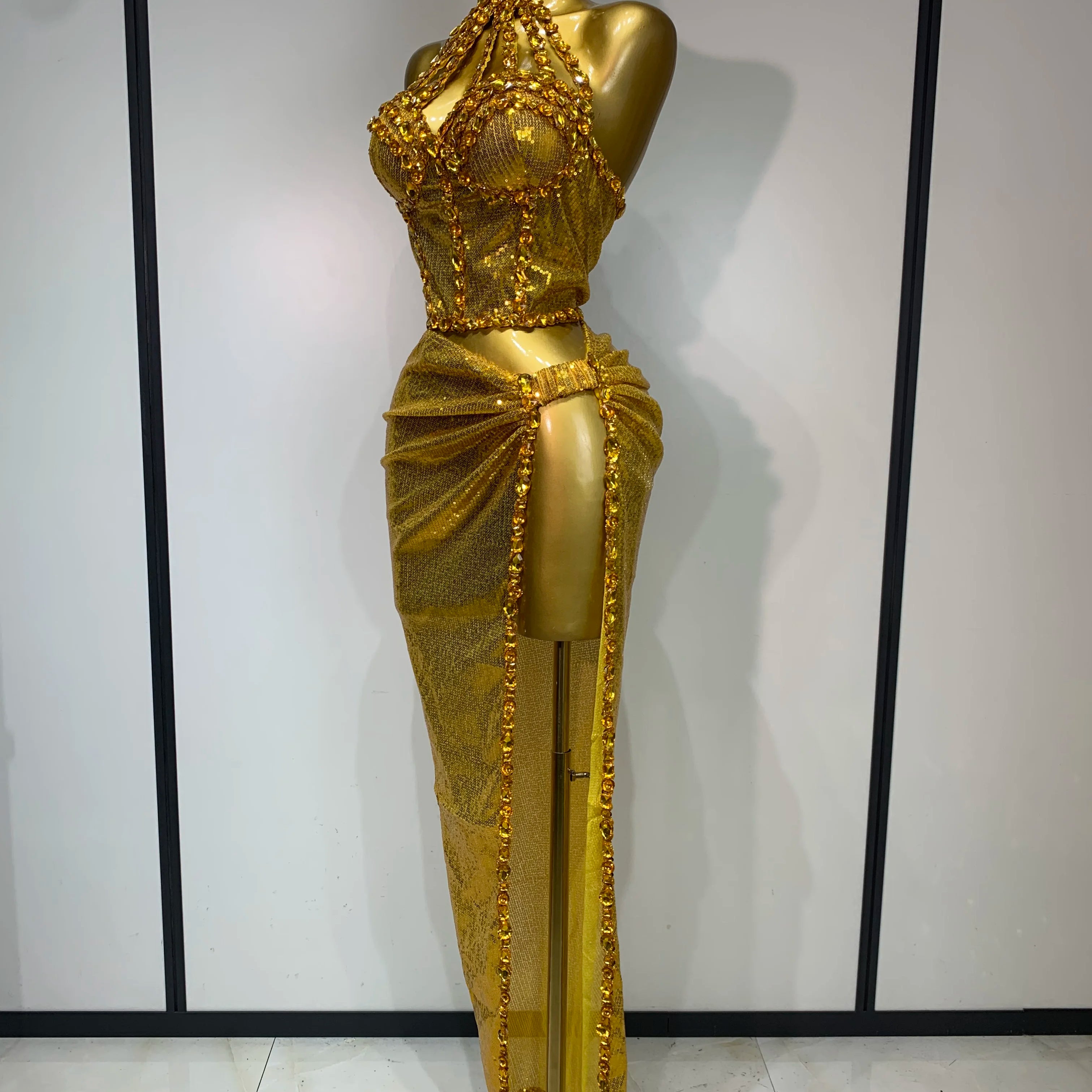 Ensemble deux pièces pour femme, haut et jupe longue à strass dorés scintillants, costume de danseuse, de chanteuse, de discothèque, robe d'anniversaire de luxe