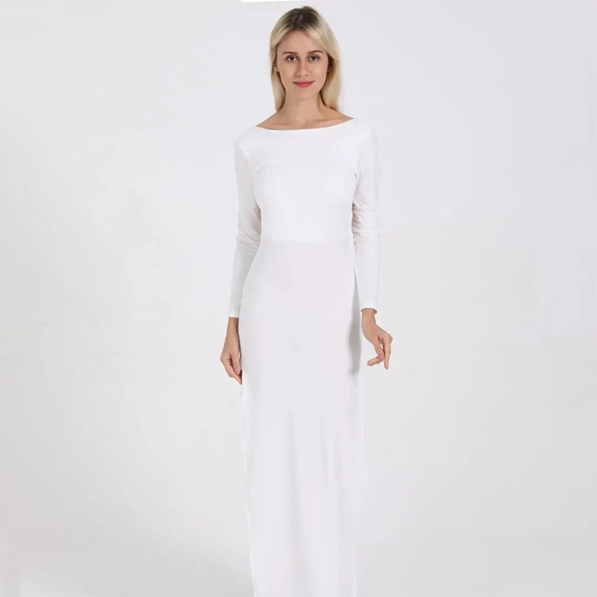 Sexy Women's Backless Round Neck Long Sleeve Tight Split Dress Spring/Summer Evening Party 2024 New Edition 8920-white