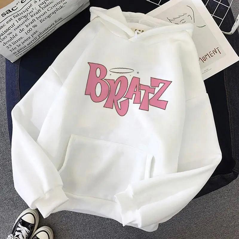 Bratz Letter Printed Plus Size Hooded Sweatshirt Men Women Hoodie Hip Hop Long Sleeve Streetwear Unisex Comfortable Clothes Tops WHITE