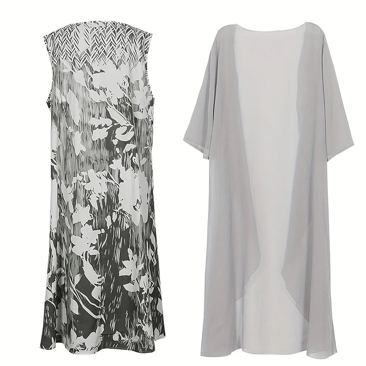 Plus Size 2024 Autumn Women's Floral Printed Long Dress Printed Pattern Two-piece Dress Round Neck Temperament Elegant Dress