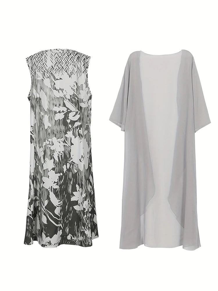 Plus Size 2024 Autumn Women's Floral Printed Long Dress Printed Pattern Two-piece Dress Round Neck Temperament Elegant Dress