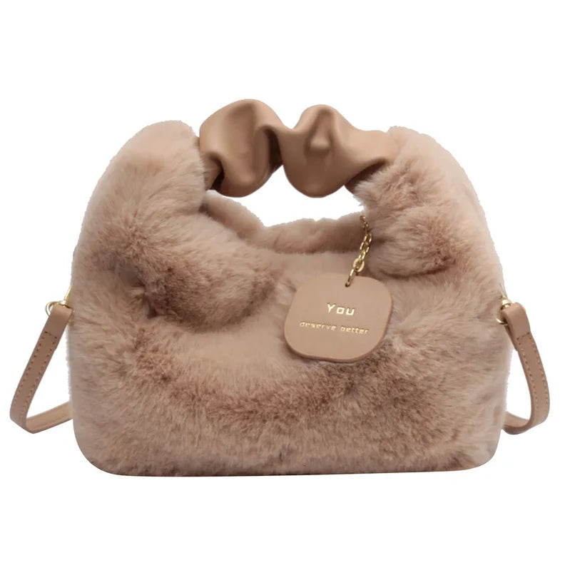 Women Faux Fur Handbags Zipper Small Lady Shoulder Crossbody Bag Casual Tote Half-Moon Hobos Winder A style light coffee