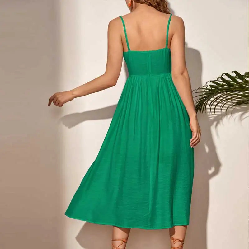 Halters Sexy Long Skirt Temperament Commuter Solid Color V-neck Waist French Road North A-line Skirt Dress