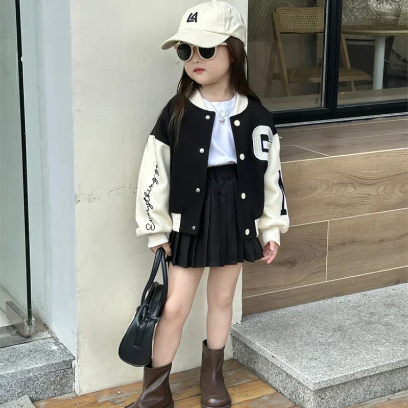Autumn Baby Girls Clothes Sets Infant Sports Baseball Uniform Letter Cardigan Jackets Top and Pleated Skirt Suit Kid Outfits