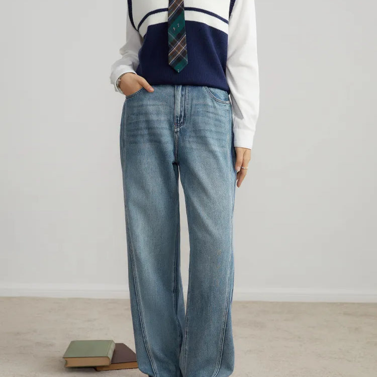 Casual Style High Waist Cotton Straight Jeans for Women Autumn All-match Denim Pants Female Denim Blue