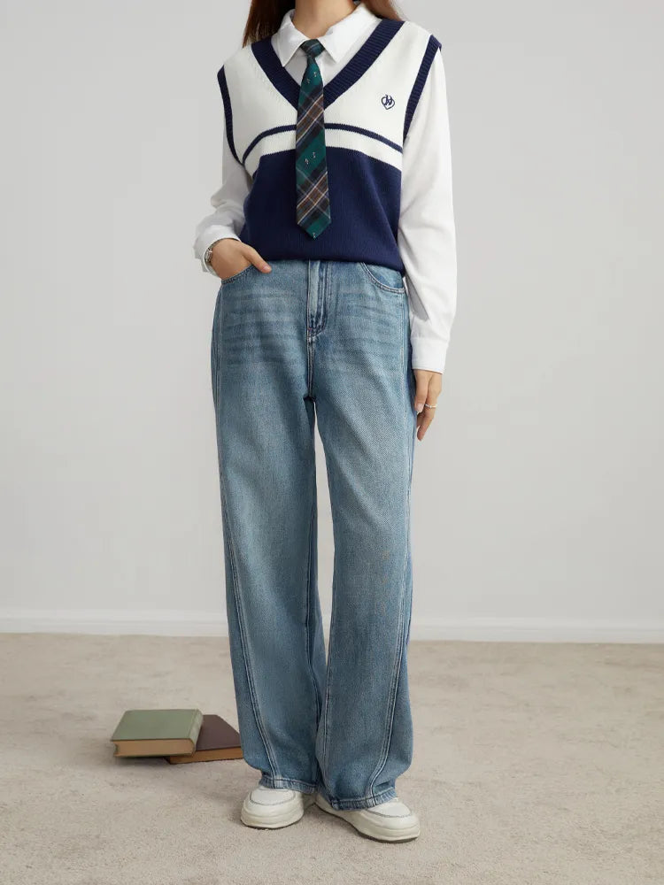 Casual Style High Waist Cotton Straight Jeans for Women Autumn All-match Denim Pants Female Denim Blue