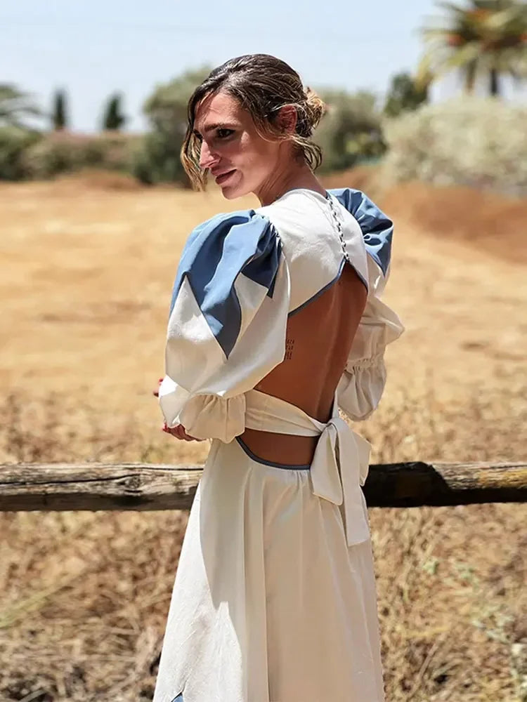 Loose Puff V Neck Backless Printed Maxi Dress Woman Casual Lace Up Lantern Sleeve Robe New Ladies Chic High Street Vestidos Blue