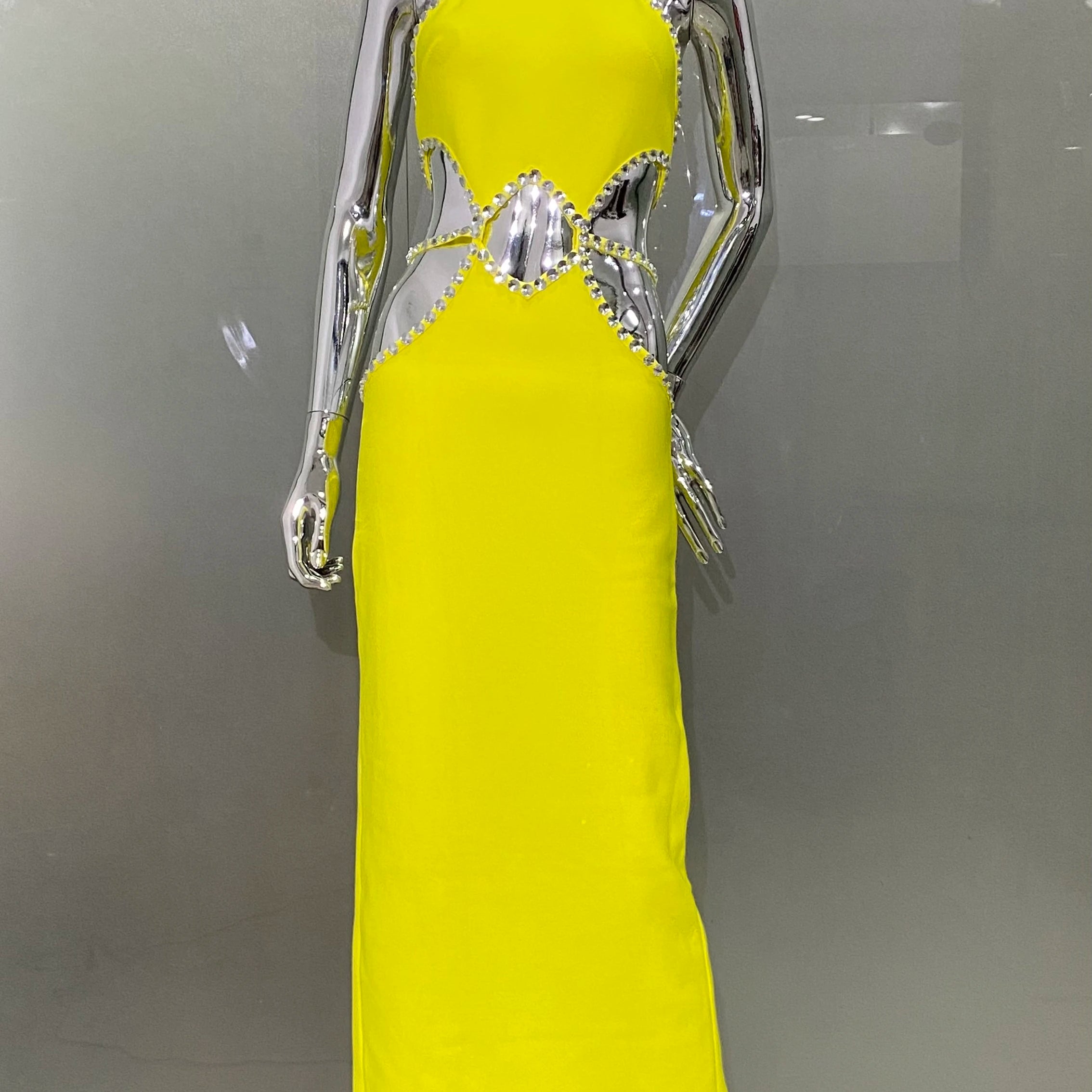 STOCK New Arrival Lemon Yellow Sexy Hollow Out Sparkling Diamonds Ankle Length Bandage Dress Elegant Woman Evening Party Outfit