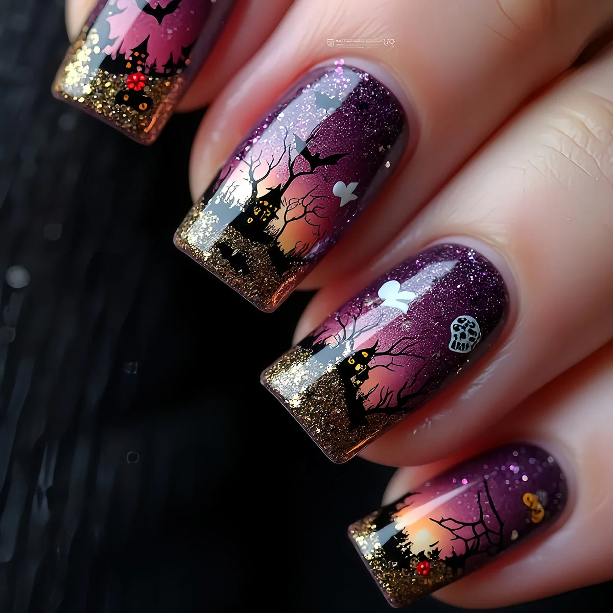 24Pcs Mid-length Square Nails Set Press on Pumpkin Bat Design False Nails Halloween Spider Web Wearable Full Cover Fake Nail Tip