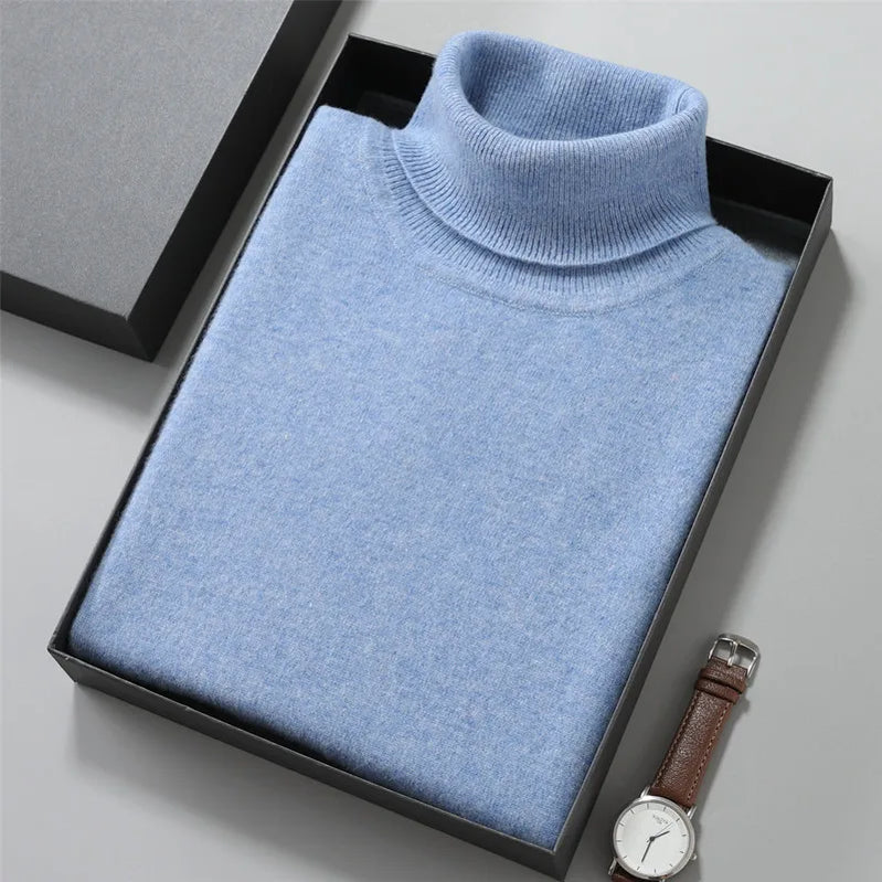 100% Cashmere Turtleneck Men Pullovers Autumn Winter Soft Light Warm Rolled Neck Jumper Jersey Pull Homme Knitted Sweater light blue