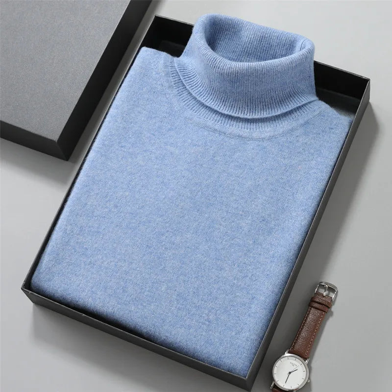 100% Cashmere Turtleneck Men Pullovers Autumn Winter Soft Light Warm Rolled Neck Jumper Jersey Pull Homme Knitted Sweater light blue