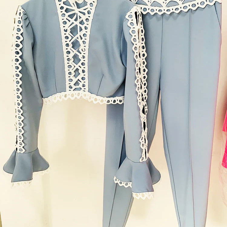 HIGH STREET Newest Designer Suit Set Women's Flare Sleeve Hollow Out Lace Trimmed Tops Blouse Pencil Pants Set