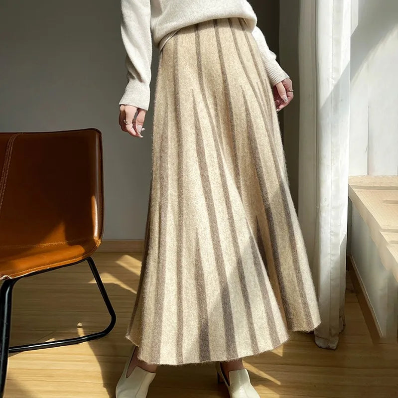 100% Pure Wool Half Skirt Women's High Waisted Knitted Long Skirt Fashion Striped A-Line Skirt Umbrella Skirt Autumn Winter New camel