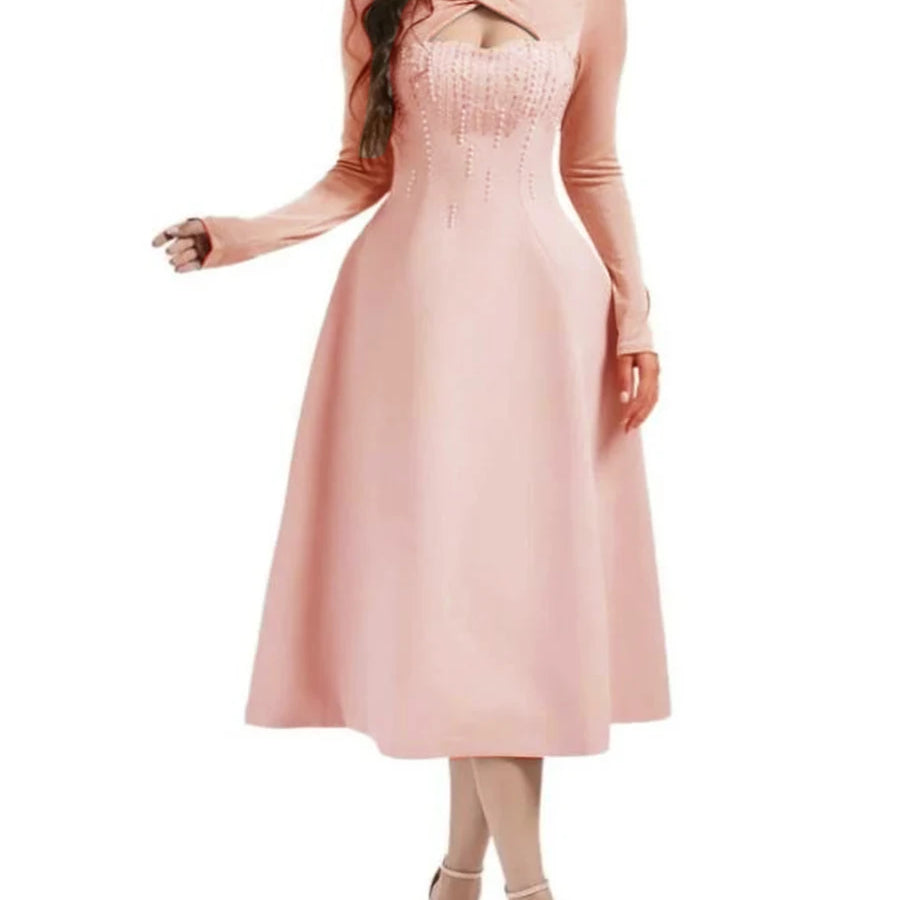 TWOTWINSTYLE Solid Slimming Bead Elegant Dresses for Women Round Neck Long Sleeve Hollow Out Temperament Dress Female Clothing