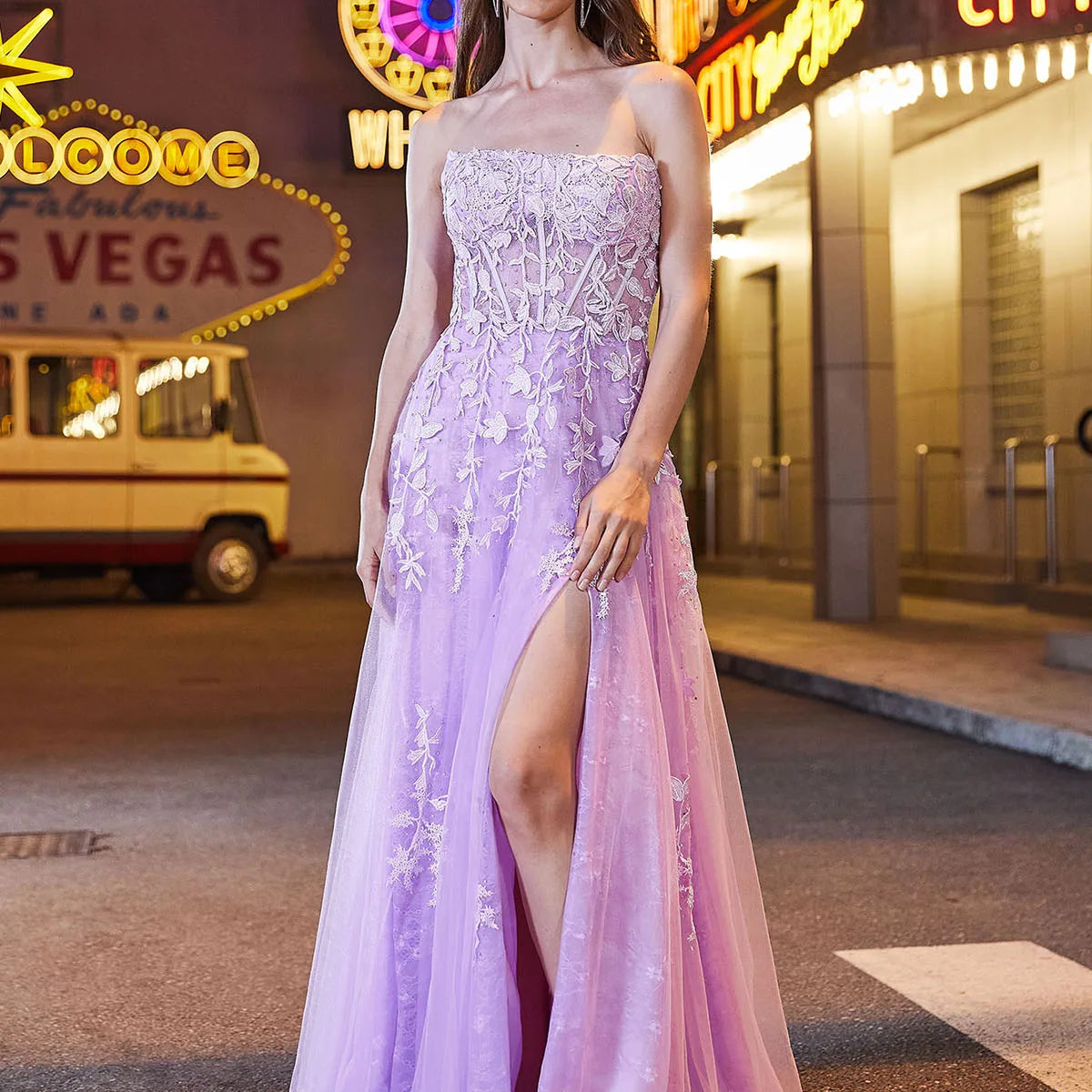 Elegant Lace Formal Evening Dresses Long with Crystal Strapless Sexy High Slit A-Line Homecoming Prom Party Gowns for Teens 2024 Lilac Floor Length | CHINA
