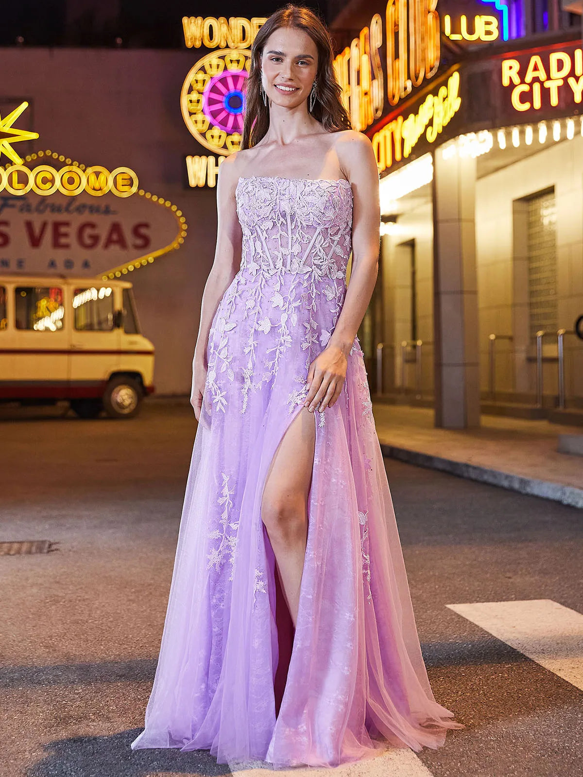Elegant Lace Formal Evening Dresses Long with Crystal Strapless Sexy High Slit A-Line Homecoming Prom Party Gowns for Teens 2024 Lilac Floor Length | CHINA