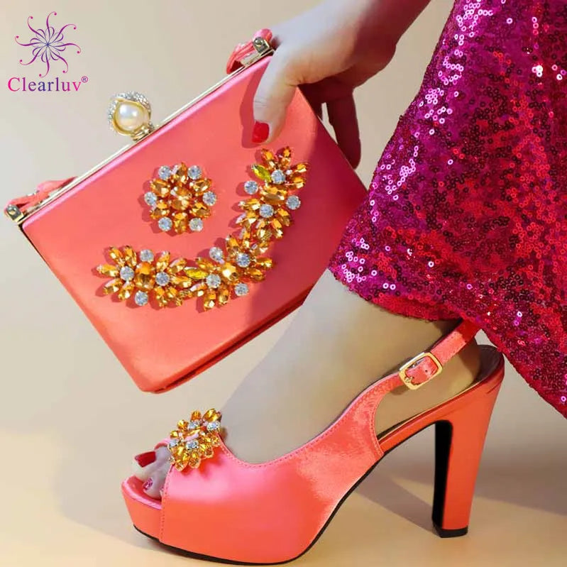 African Party Pumps Shoes and Bag Set Decorated with Rhinestone Women Shoe and Bag for Nigeria Party