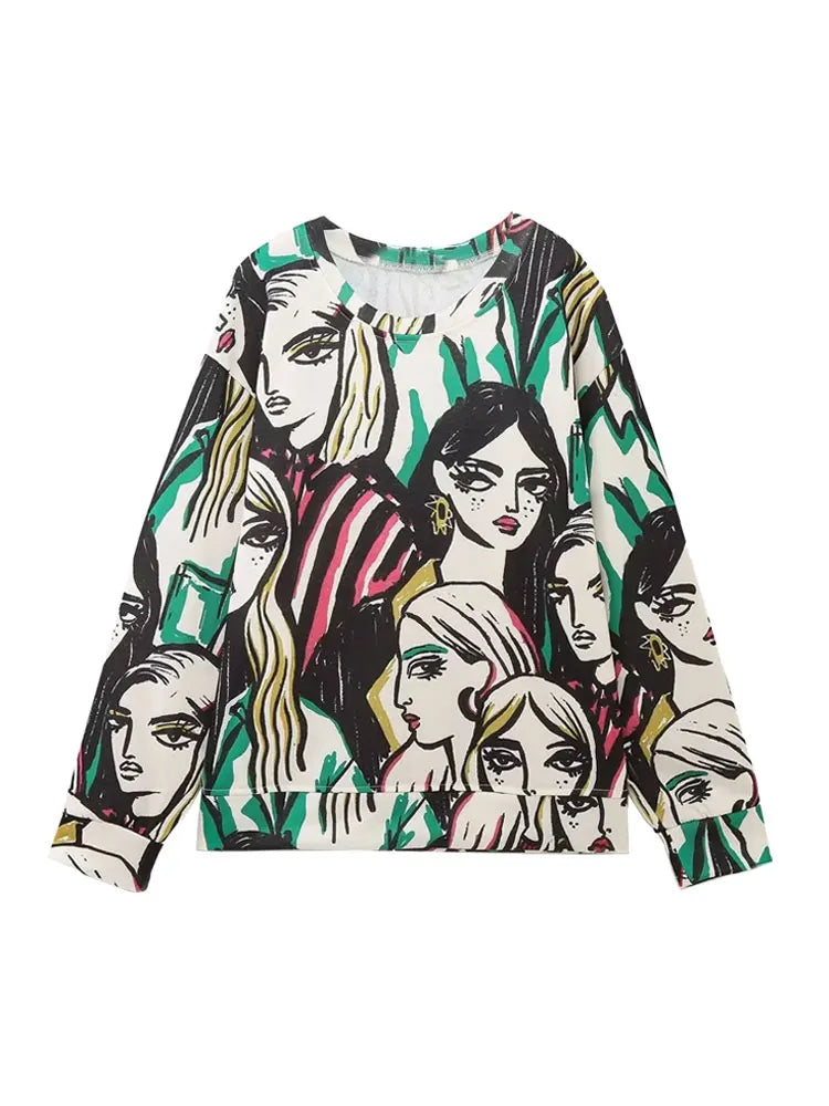 Women Fashion Girl Print Sweatshirt Vintage O Neck Long Sleeve Female Pullovers Chic Tops L