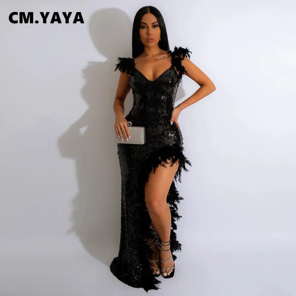 CM.YAYA Women Sequined Spaghetti Strap Feather Hem High Side Slit Mermaid Trumpet Bodycon Midi Evening Sexy Party Maxi Dresses