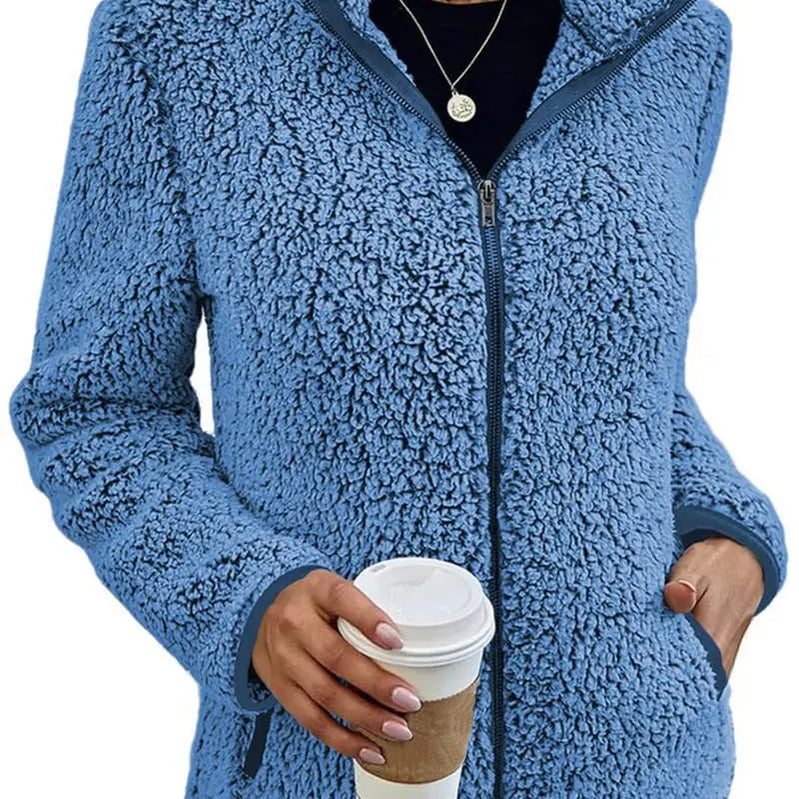 Women Solid Fleece Jackets Casual Fashion Stand Collar Coat Female Long Sleeve Zipper Outerwear Lady Clothes Autumn Winter