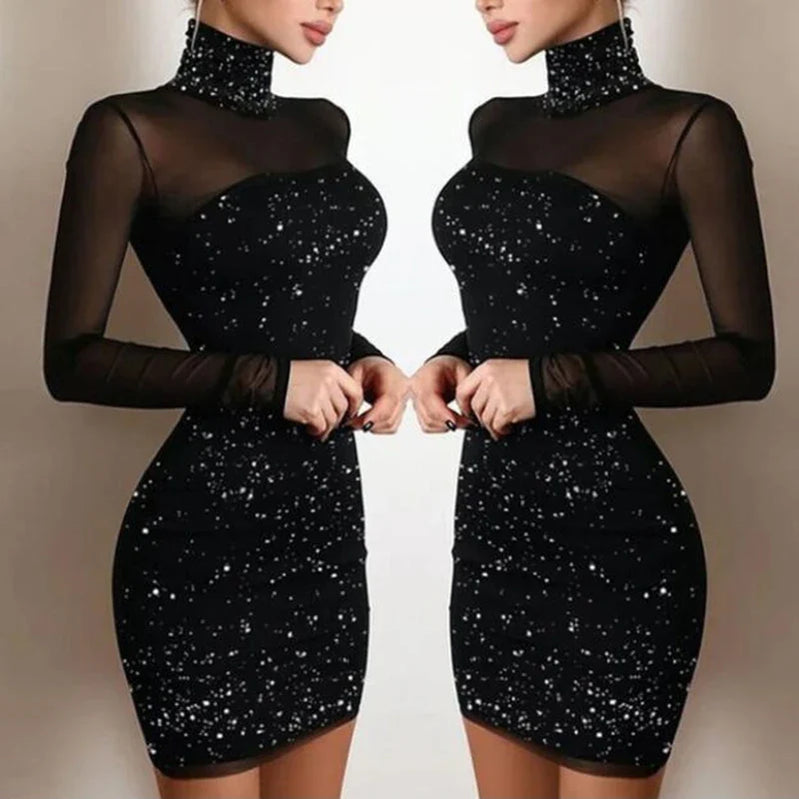 Women Mini Dress Sexy Lace Long Sleeve Slash Neck Turtleneck Dress Night Club Party Bodycon Dress New Elegant Princess Dress