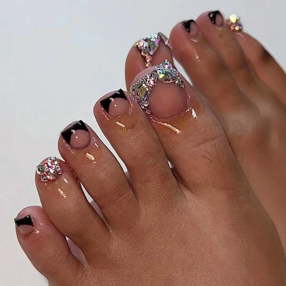 24Pcs Short Square Head Fake Nails Press on Black Edge French False Toenail Rhinestone Detachable Finished Full Cover Nails Tips