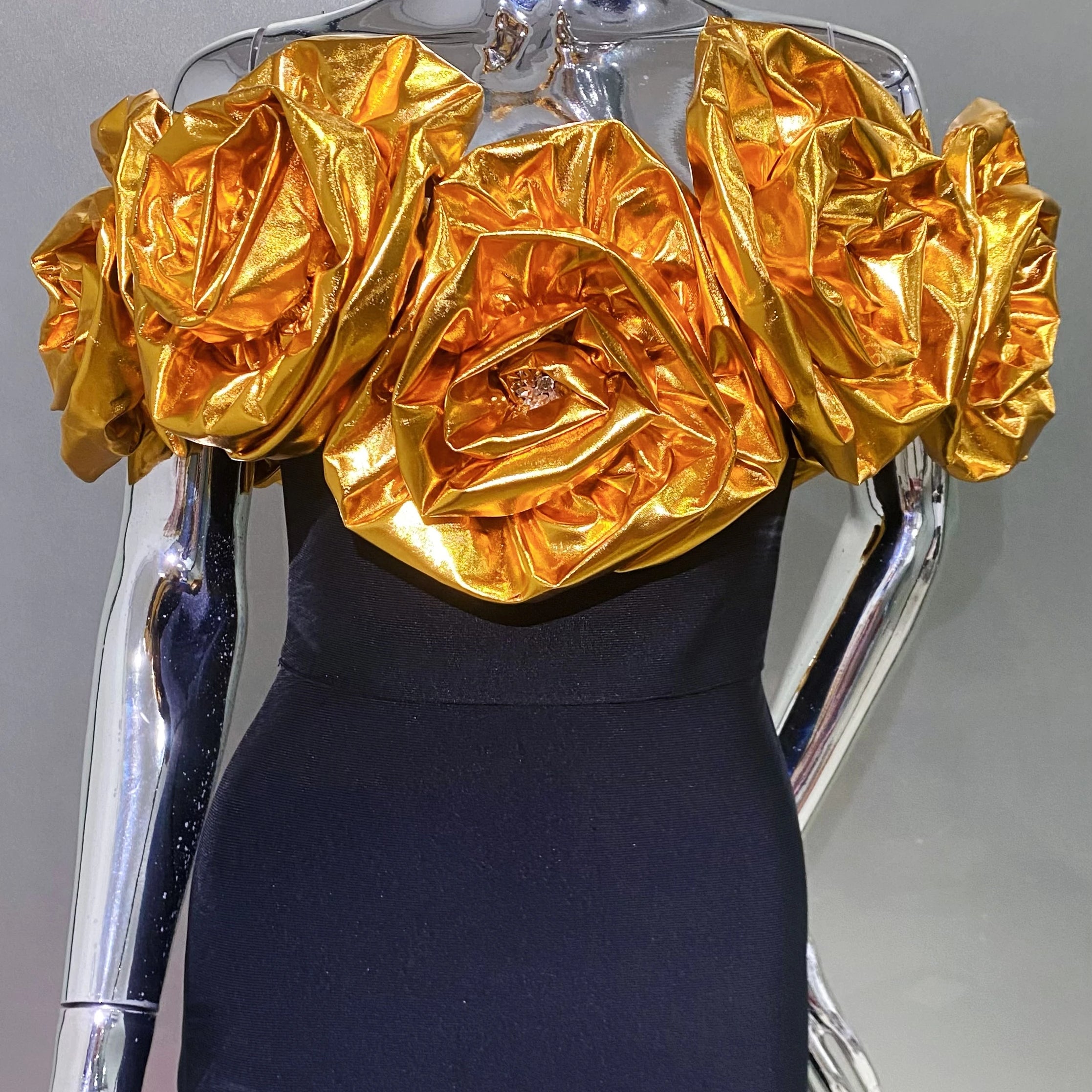 Stereoscopic Gloden Flowers Sexy Off The Shoulder Ankle Lenght Bandage Dress Woman Birthday Party Vestido Wedding Party Outfit