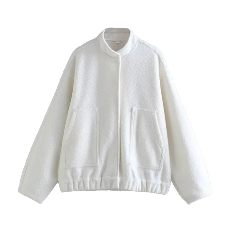 Women Fashion With Pockets Oversized Bomber Jacket Coat Vintage Long Sleeve Snap Button Female Outerwear Chic Tops as picture 7