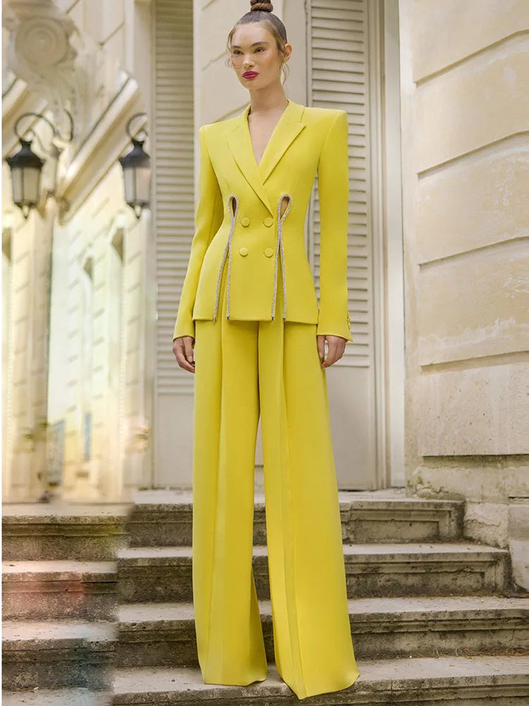 HIGH STREET Newest Designer Runway Suit Set Women's Diamonds Beaded Slit Blazer Straight Pants Set 2PCS