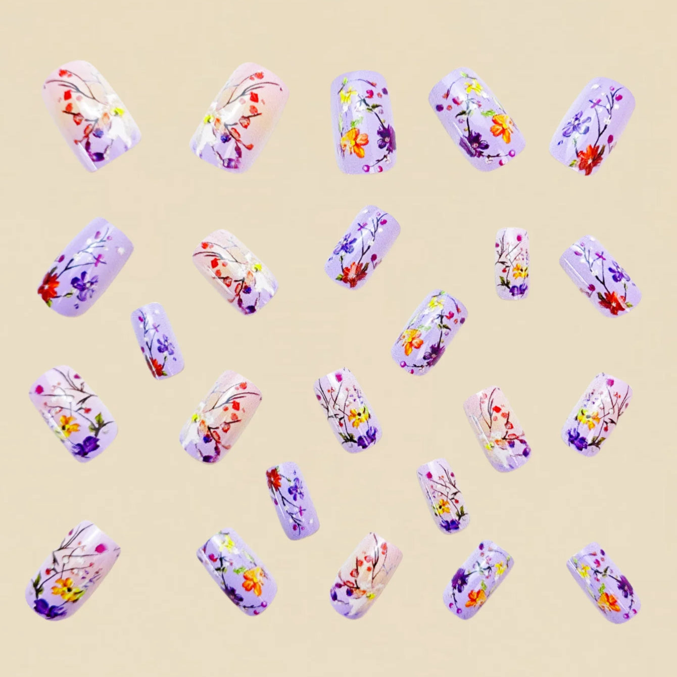 Medium and long square-shaped European manicure, fashionable manicure for New Year and spring and summer, purple gradient flower