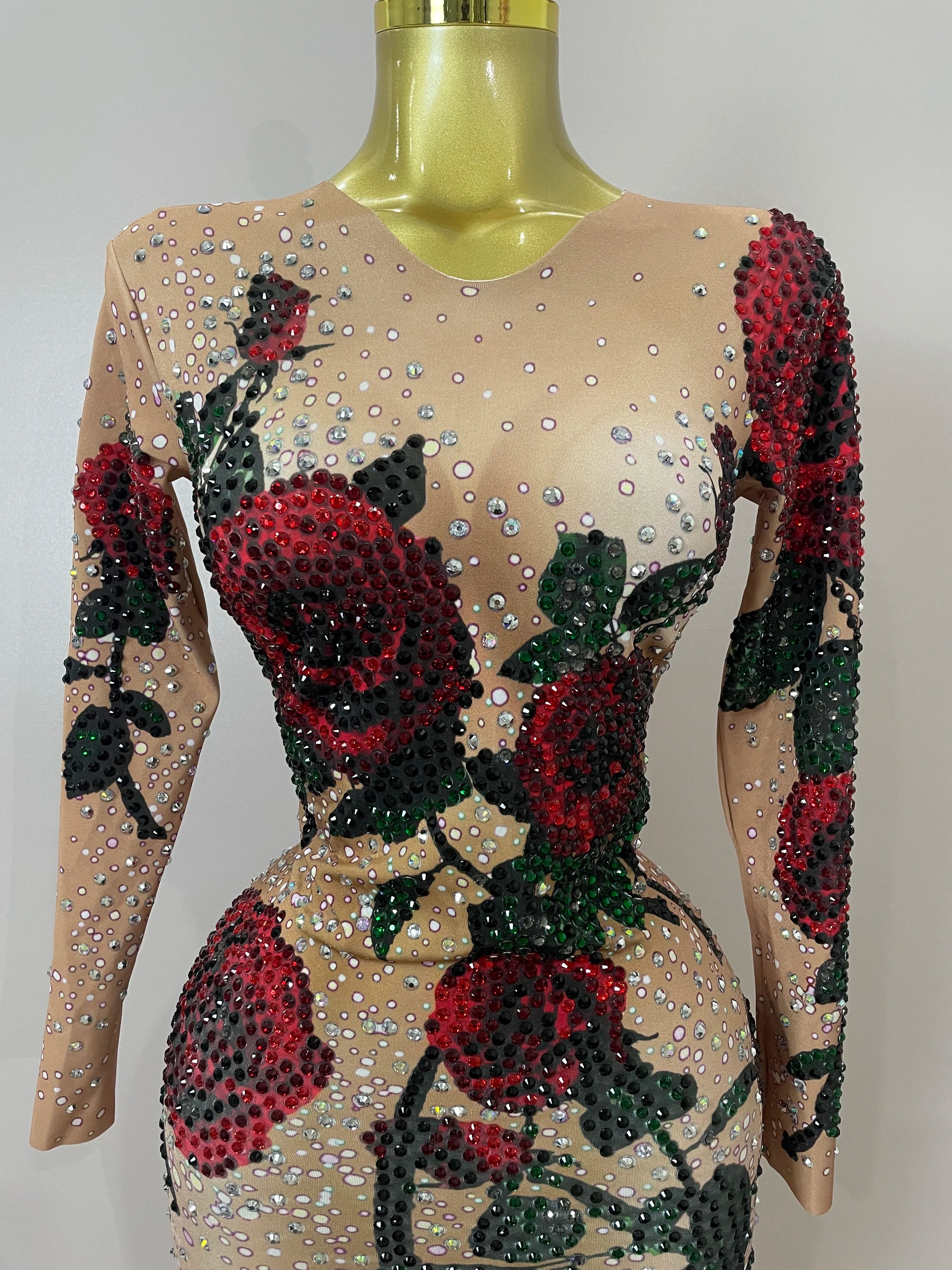 Sexy Shiny Rhinestone Rose Floral Floor-Length Dress Evening Women Eveing Celebrate Birthday Party Nightclub Performance Costume