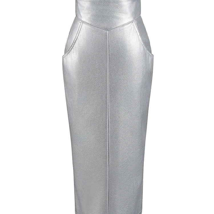 Lautaro Spring Summer Silver Pu Leather Midi Pencil Skirt Women with Back Slit High Waist Luxury Designer Clothes Fashion
