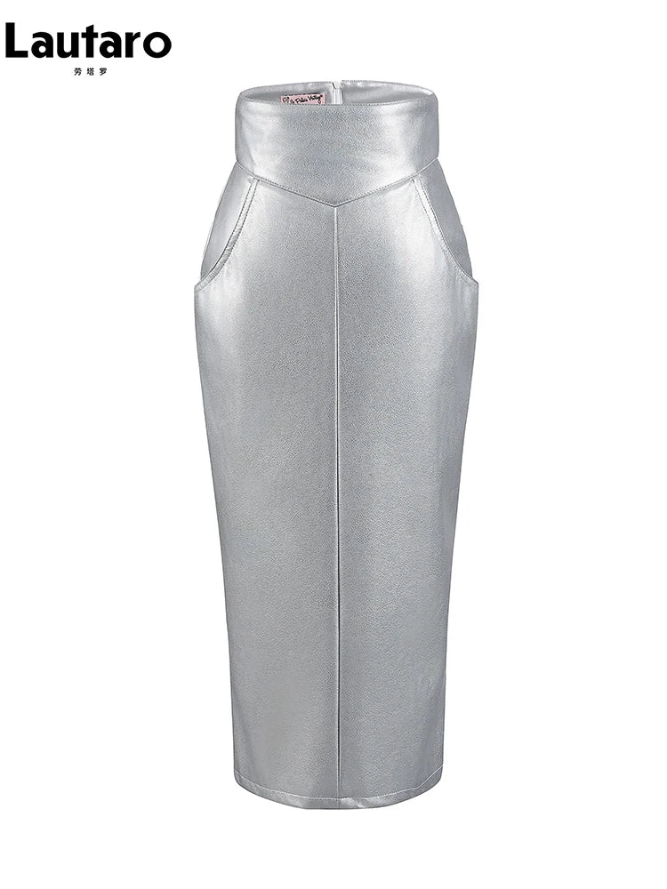 Lautaro Spring Summer Silver Pu Leather Midi Pencil Skirt Women with Back Slit High Waist Luxury Designer Clothes Fashion