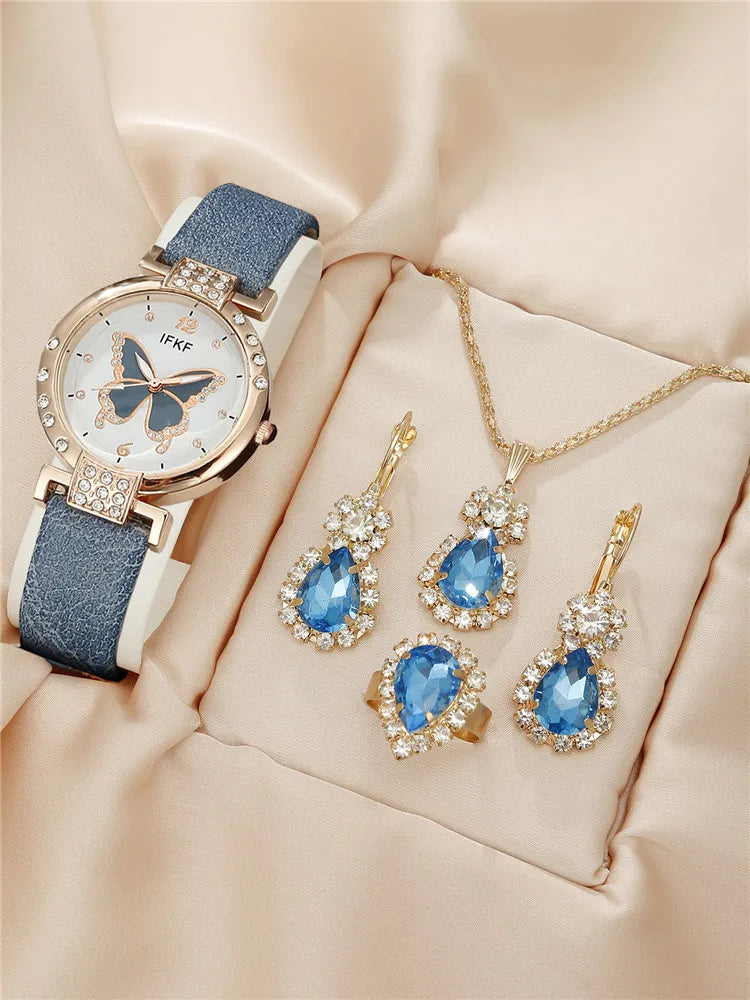 New Korean Fashion Simple Belt Quartz Watch Women's Edition+Jewelry Three Piece Set Blue