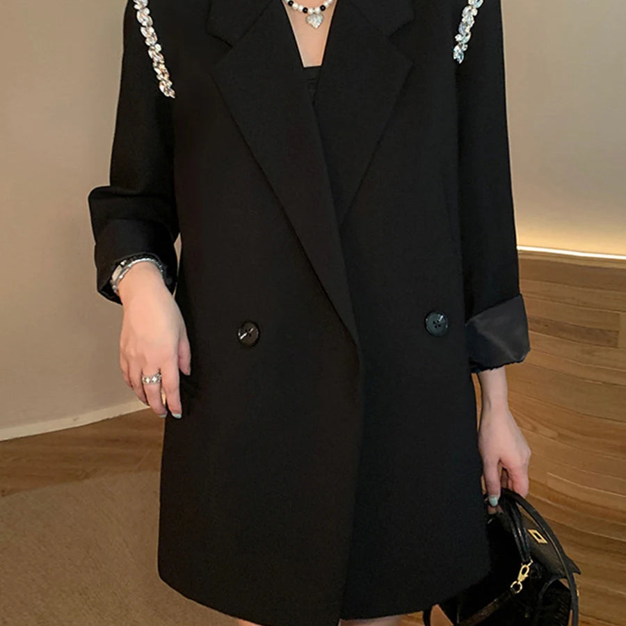 TWOTWINSTYLE Solid Loose Spliced Button Casual Jackets for Women Lapel Long Sleeves Patchwork Bead Jacket Female Fashion Clothes