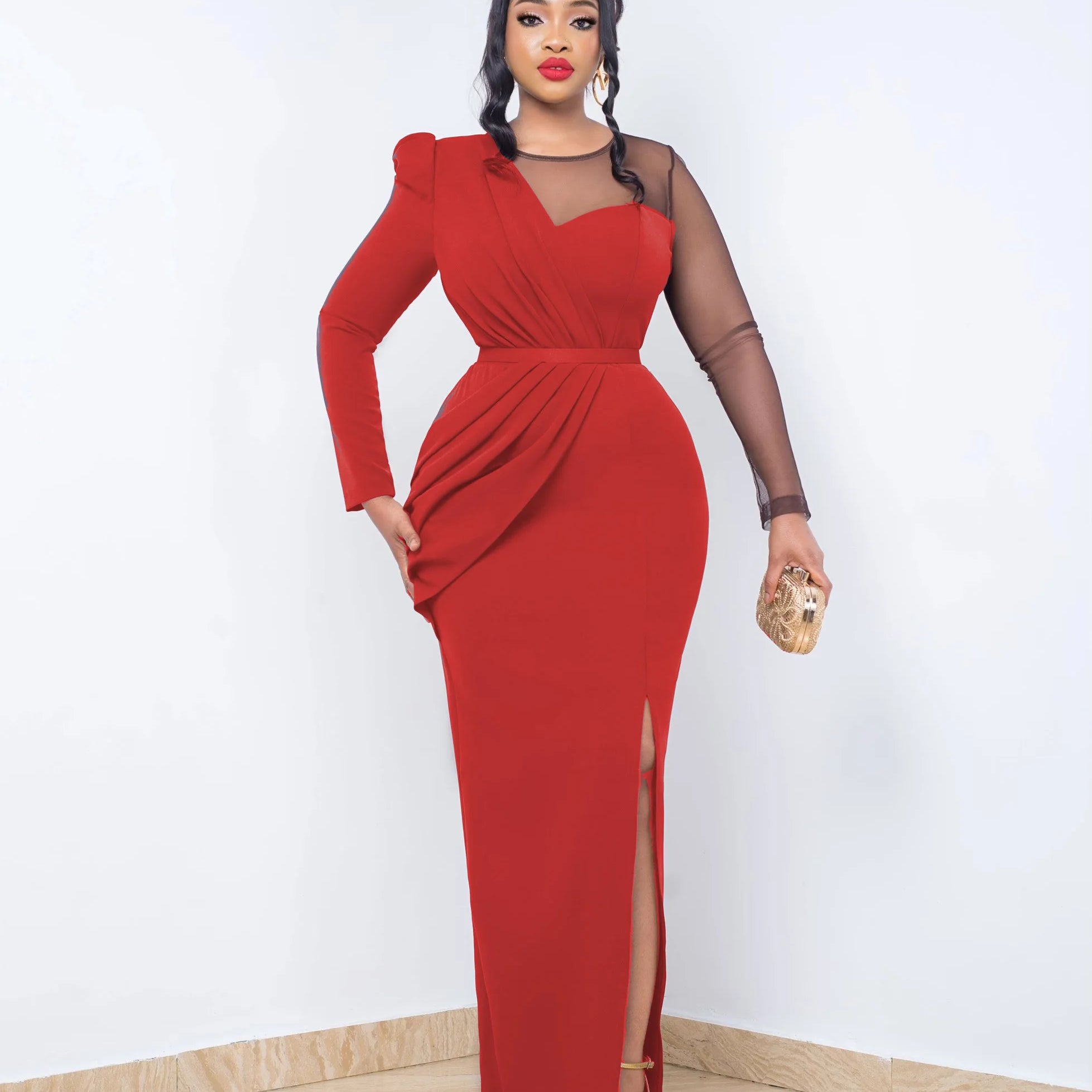 Spring Sexy Elegant Mesh Party Dress Women Fashion OL Slim Mesh Long Sleeve Splice Long Wedding Evening Dress Women Red