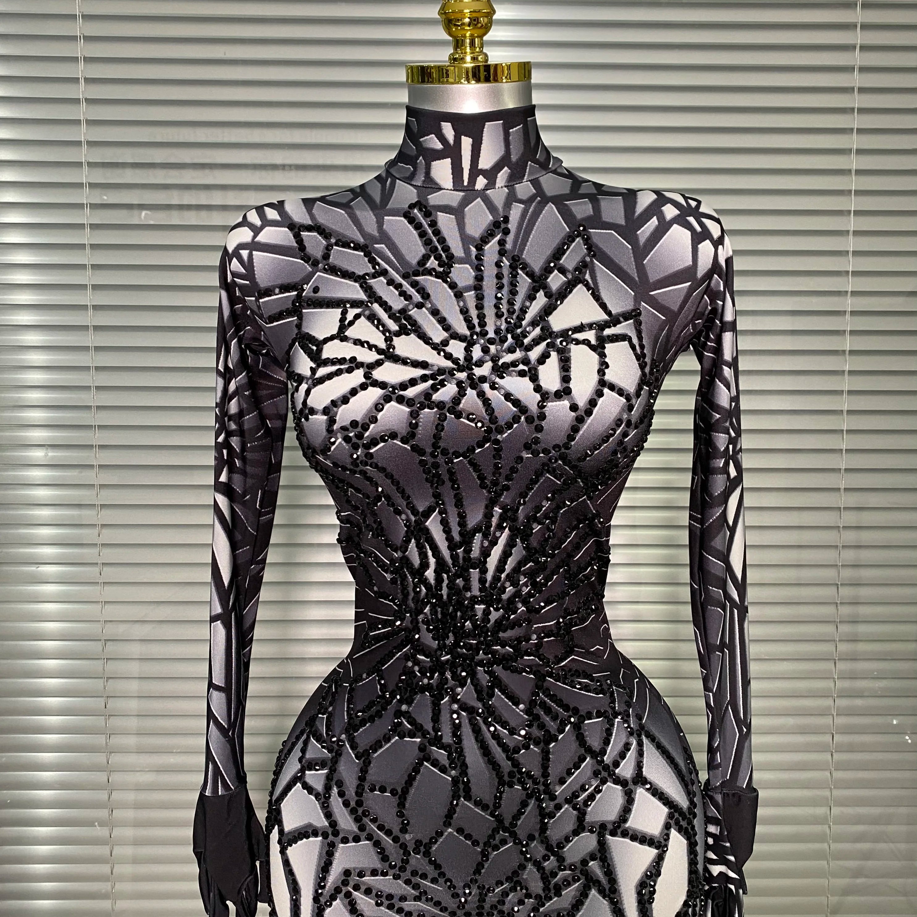 Women Sexy Black Y2K Crystal Jumpsuit Celebrity Designer Stretchy Mesh Singer Dancer Stage Night Club Rompers