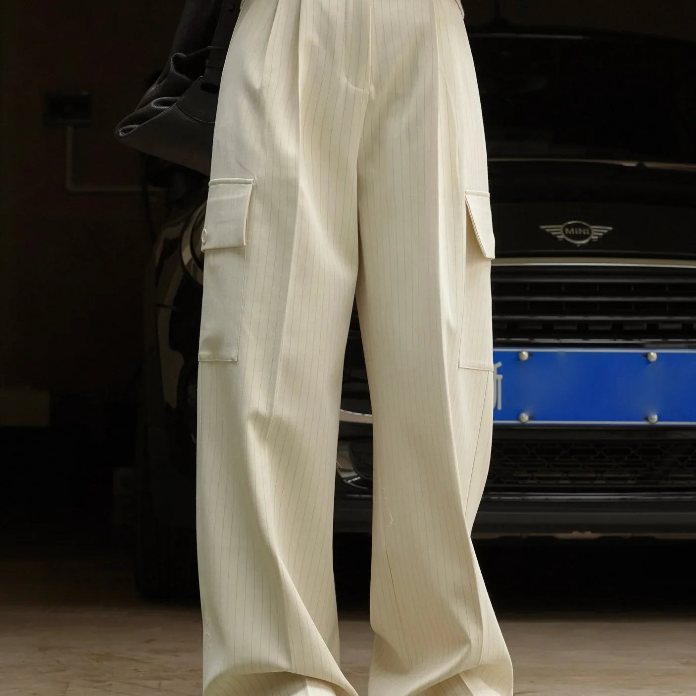 Spring and autumn women's casual striped high waisted loose pants Beige