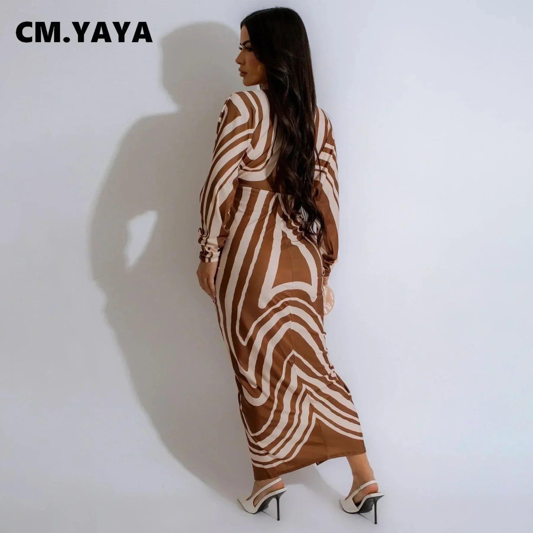 CM.YAYA 2024 Autumn V-neck Ruched Stacked Midi Dress Women Full Sleeve Print Bodycon Night Club Party Bandage Dresses Vestidos