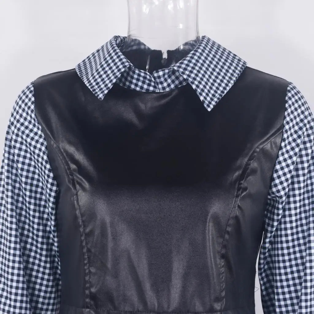 Casual Long Sleeve White Shirt Dress For Women Autumn PU Leather Patchwork Plaid Sweet Office Ladies Mini Dresses Vestidos