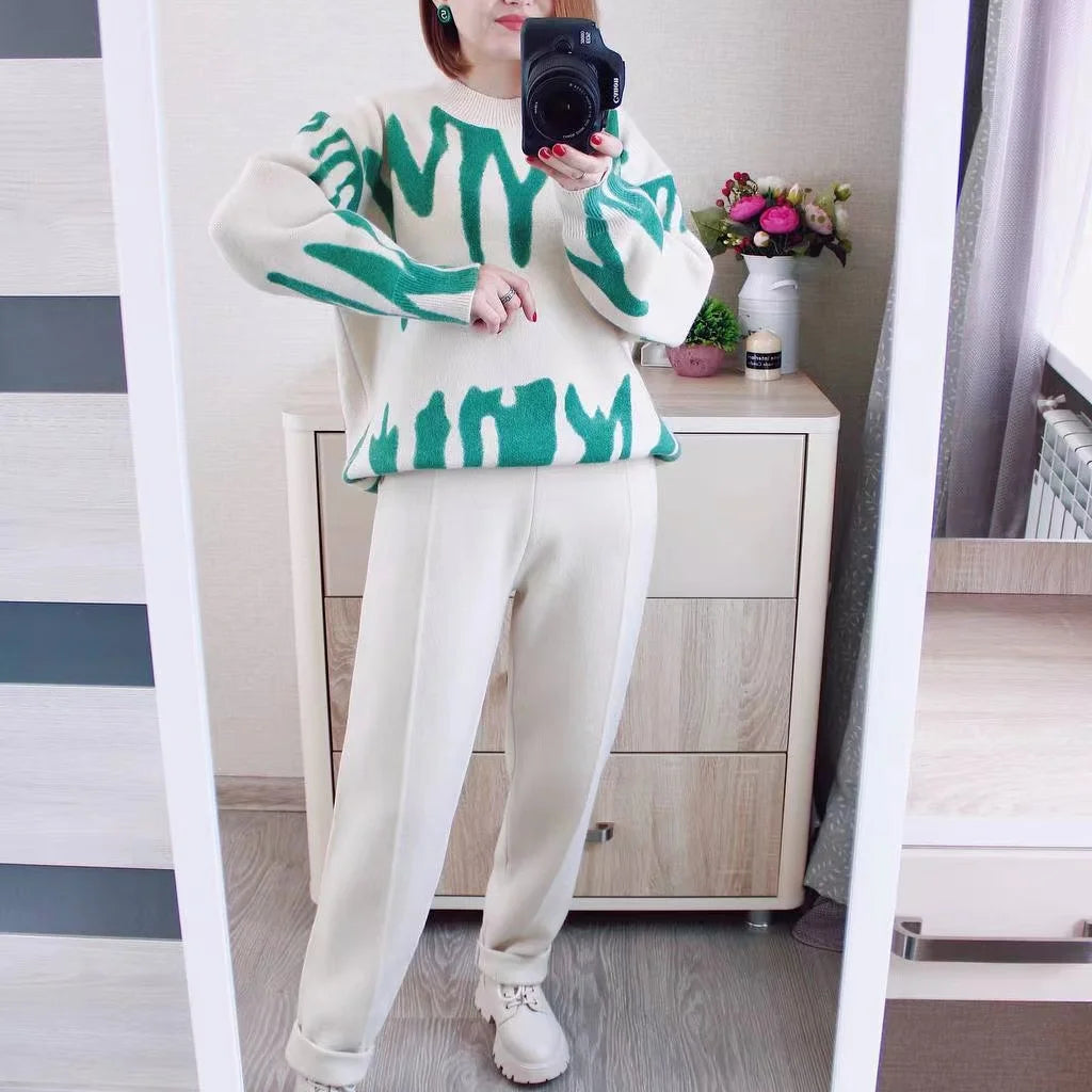 GIGOGOU Two Piece Women Autumn Winter Sweater TrackSuit OverSized Harem Pant Suits Lady Casual Warm Knitted Set