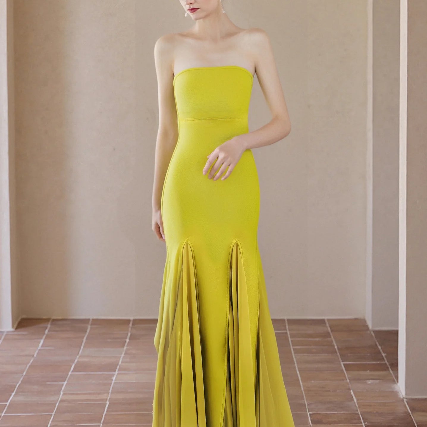 Yellow Color Women Sexy Strapless Bodycon Long Maxi Bandage Dress Celebrate Birthday Vacation Graduation Season Outfit
