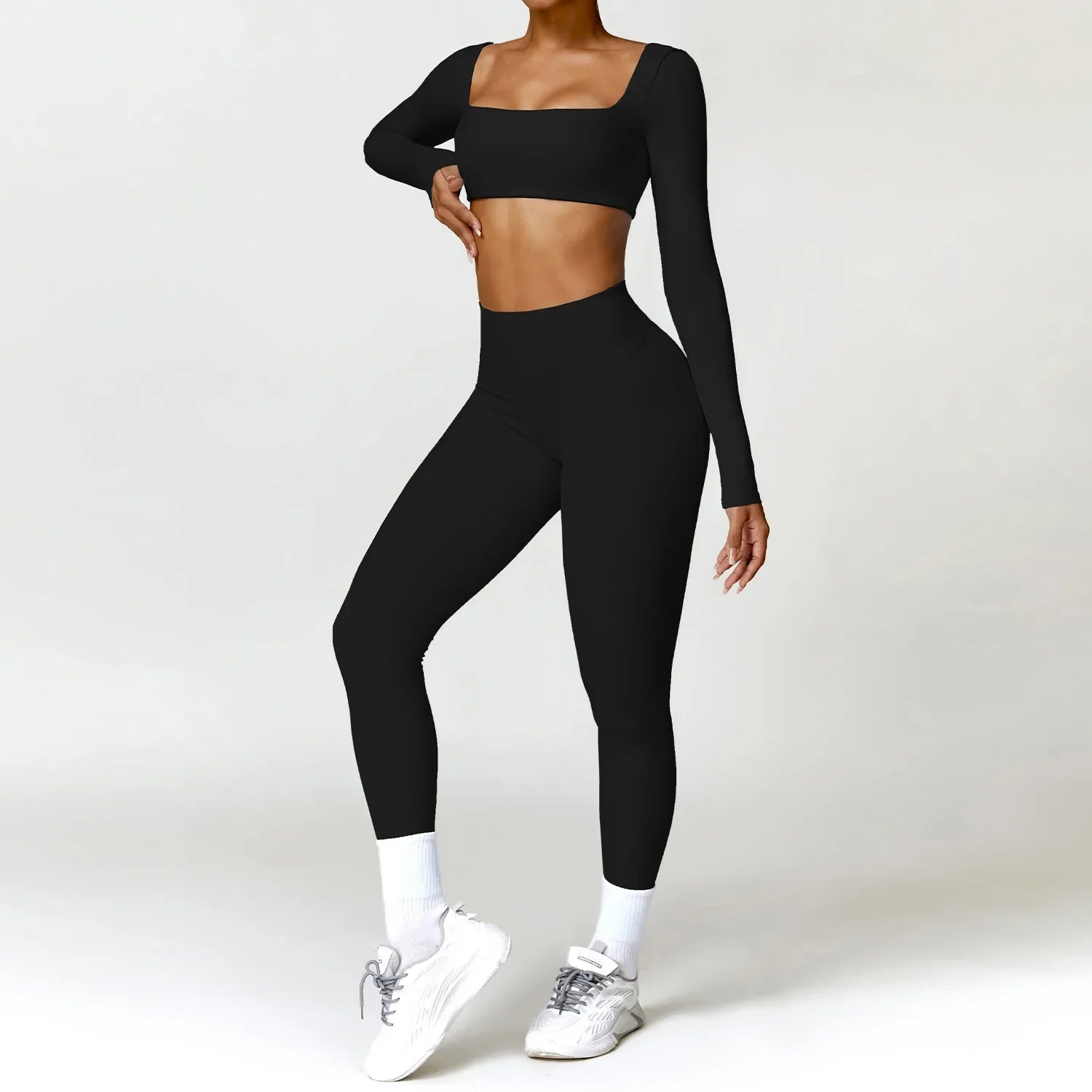 Women Tracksuit Yoga Set 2PCS Sportswear Workout Clothes Athletic Wear Gym Legging Fitness Bra Crop Top Long Sleeve Sports Suits Advanced Black Set-4 CHINA