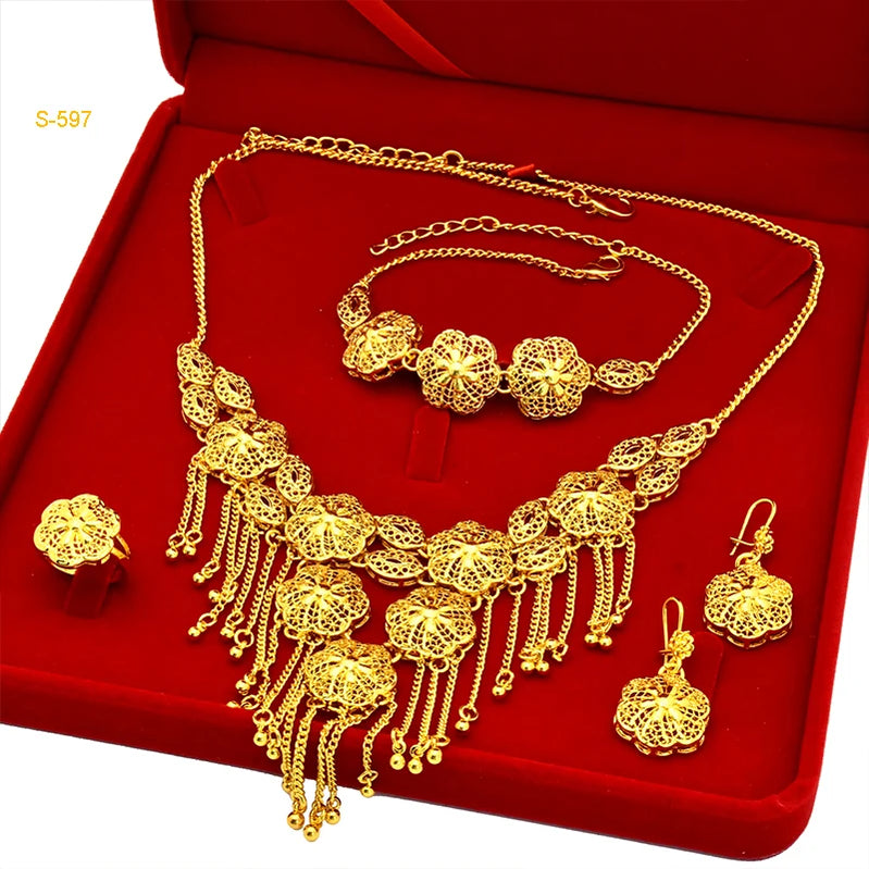 Ethiopian Tassel 24k Gold Plated Jewelry Sets For Women Arabic Wedding Indian Bridal Dubai Necklace And Earring Set Gifts