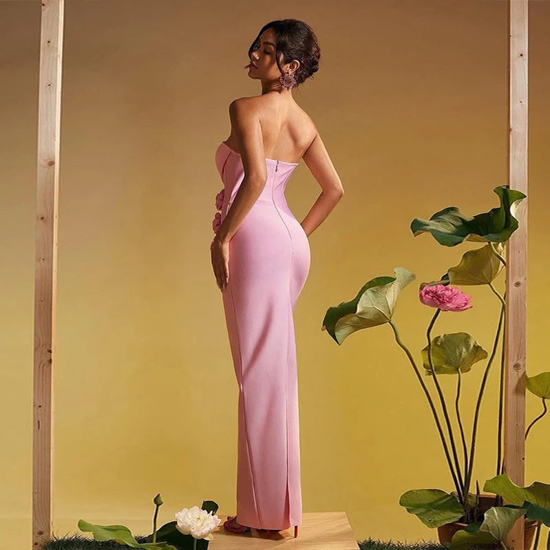Pink Red Color Women Sexy Strapless Florals Bodycon Long Bandage Dress Evening Party Celebrate Birthday Outfit Vestido