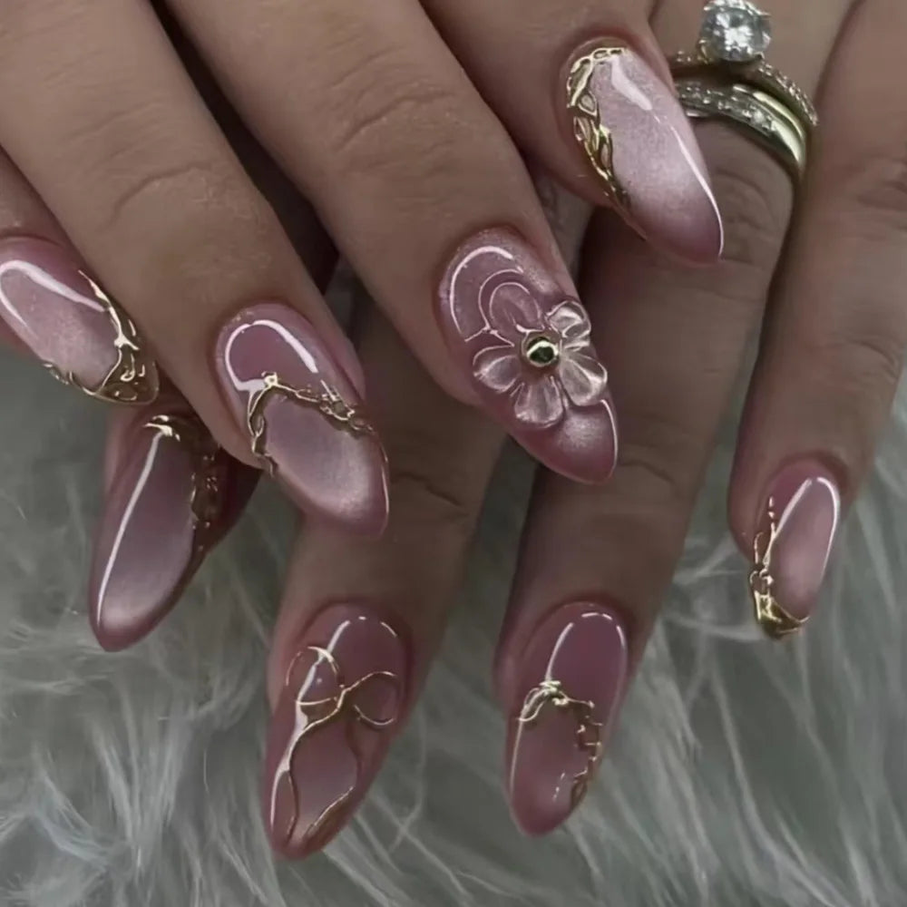 24pcs Finished Press on Nails Sets Y2k Rhinestone Almond Stick on Nail Short Oval French Red Fake Nail Detachable False Nails