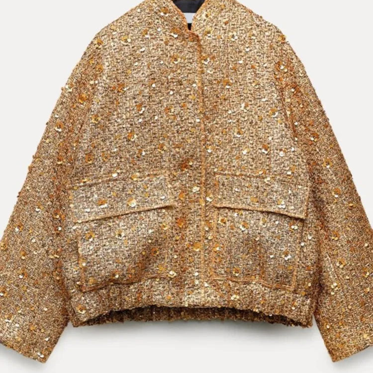 Fashion Gold Sequin O-neck Women Short Jacket Covered Button Long Sleeve Loose Elegant Coat Autumn farty Casual Lady Streetwears