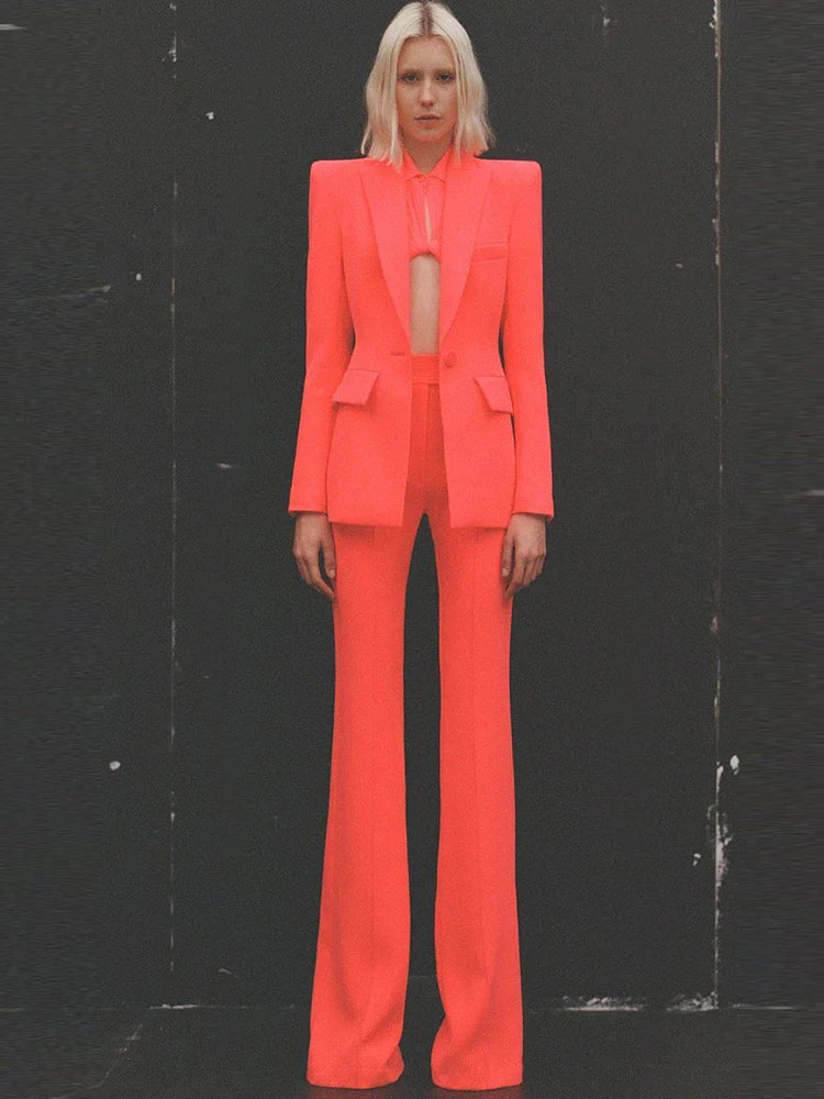 HIGH STREET Newest Spring Designer Career Fashion Suit Set Women's Single Button Slim Fit Blazer Flare Pants Suit Two Pcs Orange Red